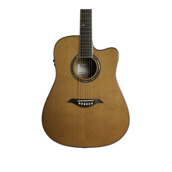 Body closeup of Turner Guitars 50CE all solid mahogany electro-acoustic guitar with cedar top
