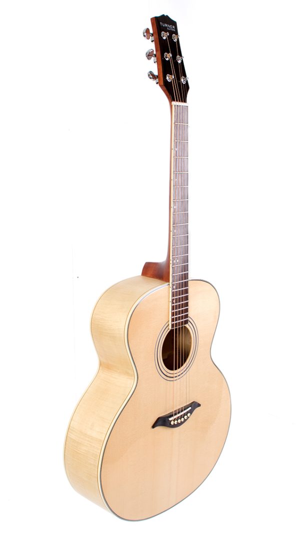 3-4 view of Turner Guitars 65 flame maple acoustic guitar with solid spruce top
